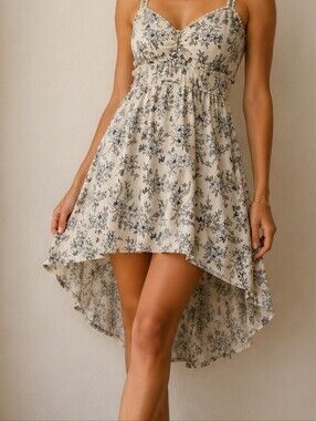 Boho milkmaid built-in bra high low blue floral Western Country dress 15/17